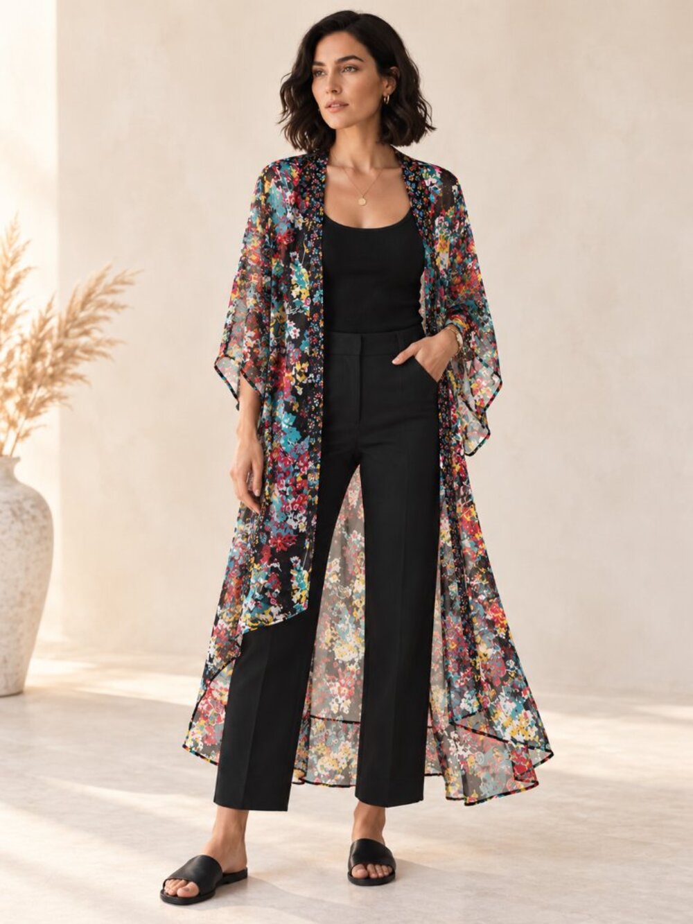 American Rag Black Floral Kimono Wide Sleeve High Low Hem M/L NWT